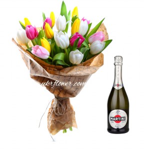 17 mixed cloured tulips and Martini asti ― Ukrflower - flower delivery